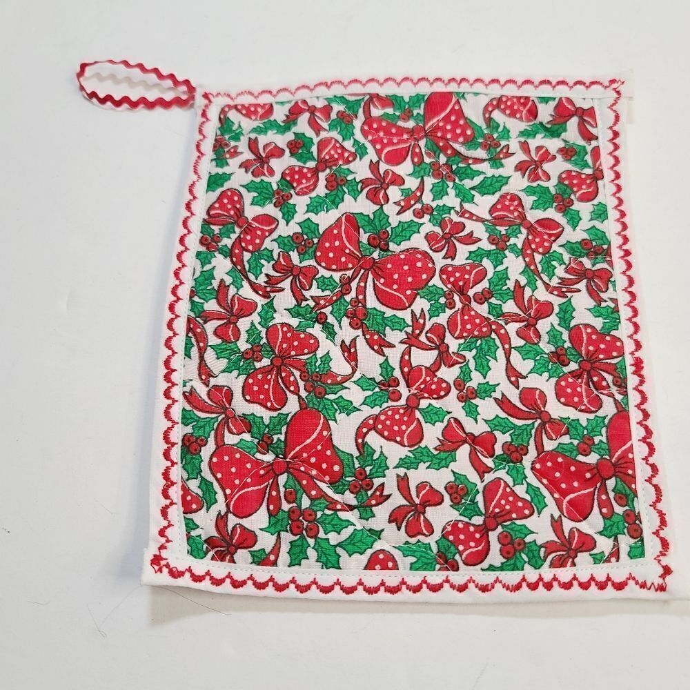 Vintage Red Polka Dot Ribbon Bow Holly Christmas Pot Holder